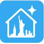 Icon depicting a house with the Statue of Liberty and city skyline inside, set against a blue background with a sparkle.
