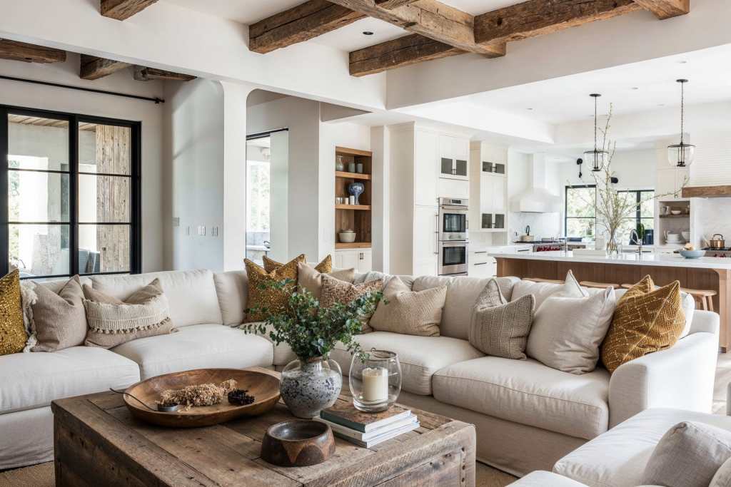 A spacious and modern living room featuring a large, L-shaped white sofa adorned with decorative pillows, a rustic wooden coffee table with a decorative bowl, and a vase of greenery. The room has exposed wooden beams and is connected to a bright kitchen with white cabinetry and stainless steel appliances.